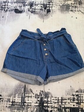 Wax Jean Medium Blue Paperbag Denim Shorts with Tie